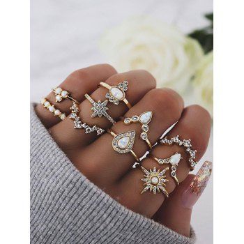 

10Pcs Geometric Rhinestone Ring Set, Gold
