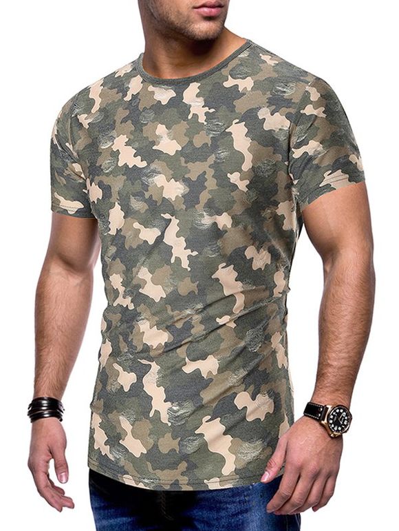 T-shirt Ajusté Camouflage Imprimé au Lavage Délavé - Vert Armée XL