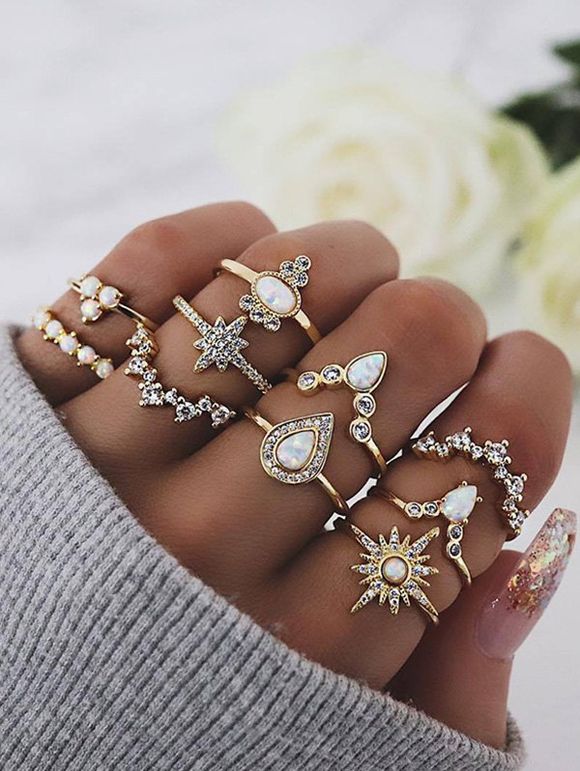 Ensemble de Bague Géométriques avec Strass 10 Pièces - Or 