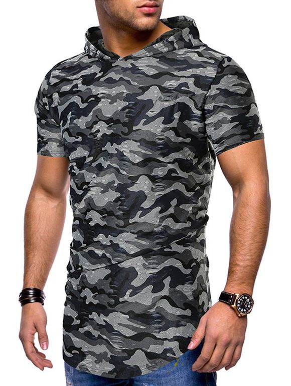 T-shirt à Capuche Déchiré Camouflage Imprimé - Gris 2XL