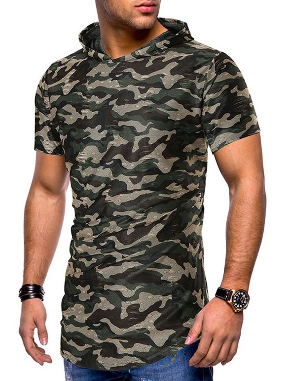T-shirt à Capuche Déchiré Camouflage Imprimé - Vert Armée L
