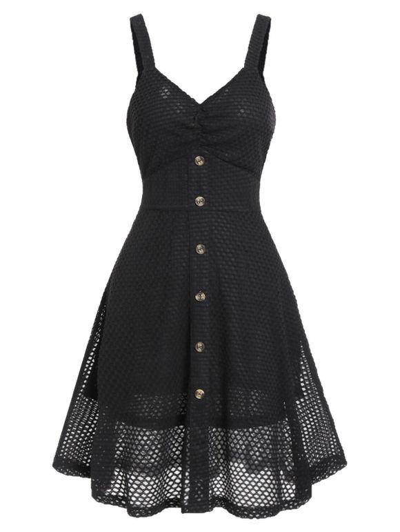 Fishnet Buttoned A Line Dress - BLACK 2XL