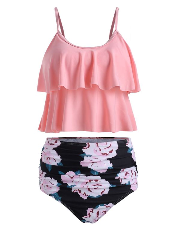 Ruched Floral Print Overlay Tankini Set - PINK 2XL