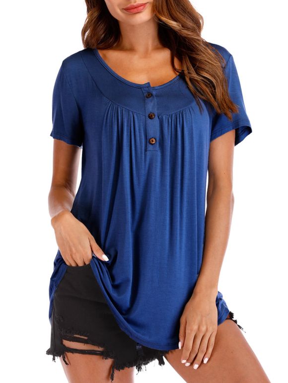 T-shirt Décontracté Manches Courtes à Demi-Bouton - Bleu Cobalt 2XL
