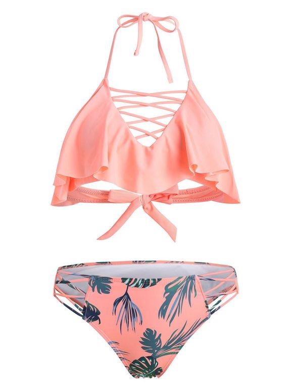Ensemble de bikini à volants Palm Leaf en treillis - Saumon Léger XL