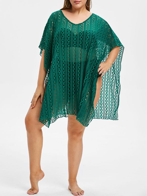 Plus Size Crochet Lace Batwing Cover Up - Vert Mer Moyen ONE SIZE