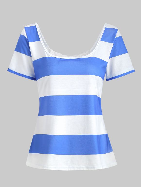 T-shirt Rayé Fendu en Dentelle Insérée avec Nœud Papillon - Bleu 2XL