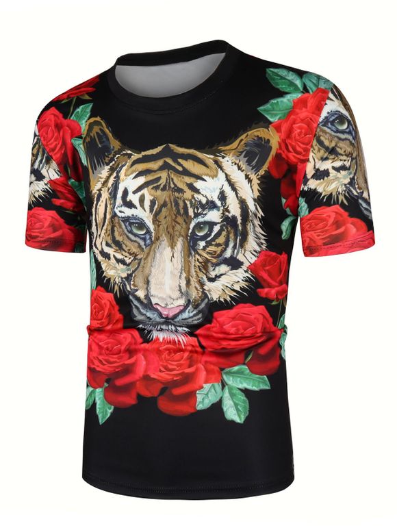 T-shirt Motif de Tigre et de Rose à Manches Courtes - Noir XL