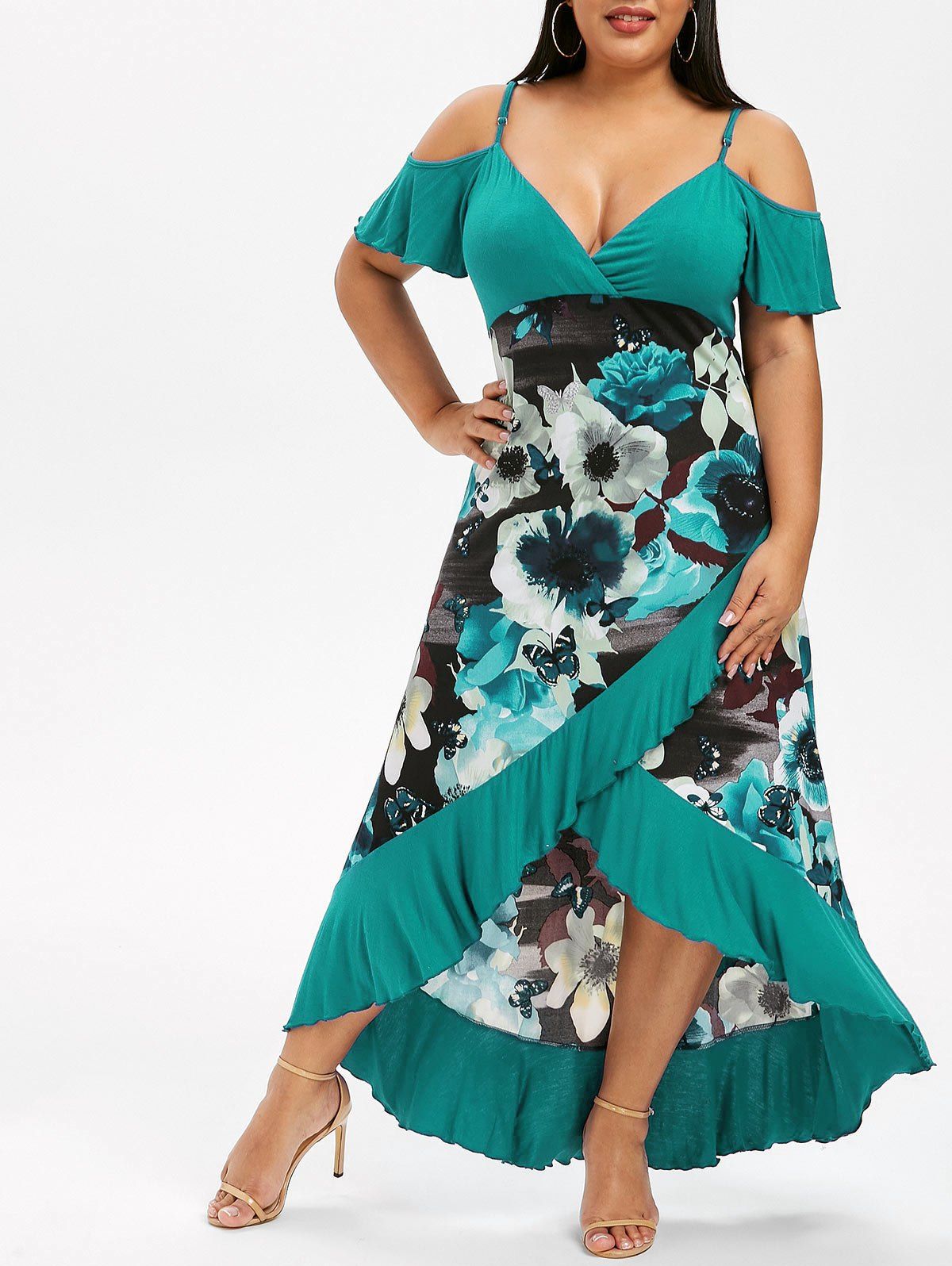 

Plus Size Open Shoulder Color Block Flounce Dress, Turquoise