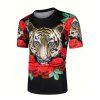 T-shirt Motif de Tigre et de Rose à Manches Courtes - Noir 2XL