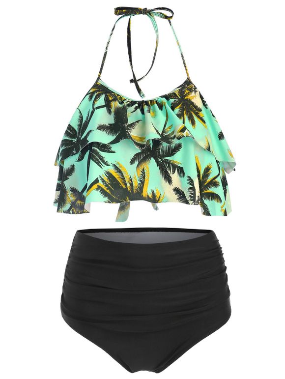 Hawaii Coconut Palm Flounce High Waisted Bikini Set - AQUAMARINE S