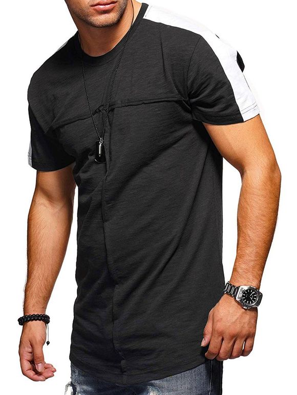 T-shirt Epaule Contrastée à Col Rond - Noir 3XL