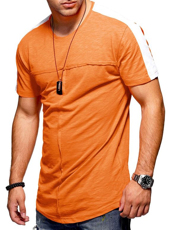 T-shirt Epaule Contrastée à Col Rond - Orange XL