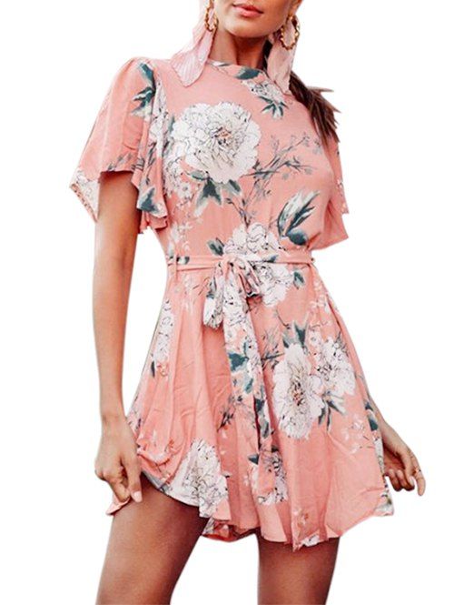 Mini-robe ceinturée à fleurs - Pêche Foncée XL
