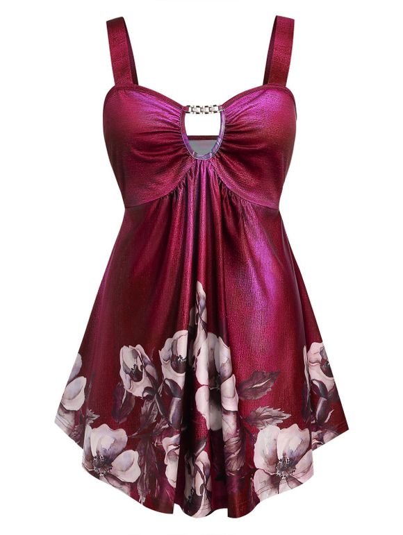 Débardeur Fleuri Imprimé Découpé à Taille Empire de Grande Taille - Rouge Vineux 2X