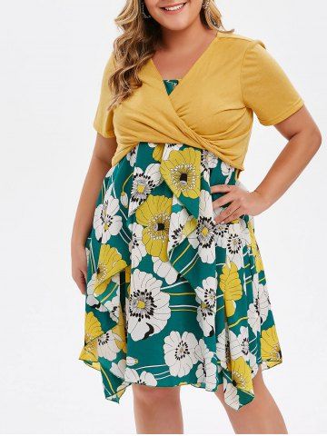 Plus Size Floral Print Layered Cami Dress With Criss Cross Crop Top
