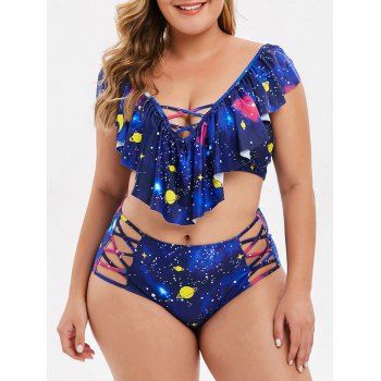 

Flounces Planet Galaxy Star Moon Print Plus Size Tankini Set, Deep blue