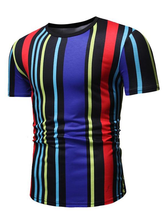 T-shirt Rayé Coloré Imprimé à Manches Courtes - Noir 3XL
