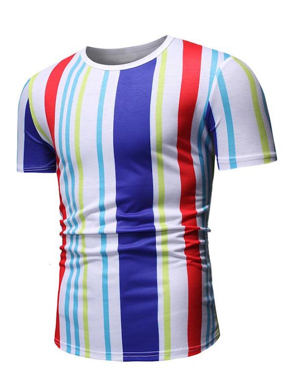 T-shirt Rayé Coloré Imprimé à Manches Courtes - Blanc 3XL