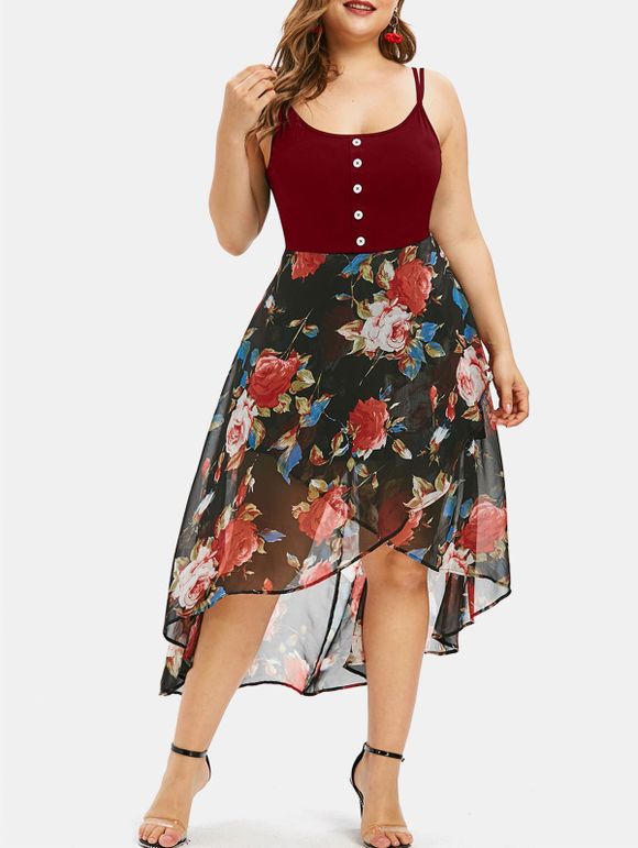 Robe Superposée Haute Basse Fleurie de Grande Taille - Rouge Vineux 3X