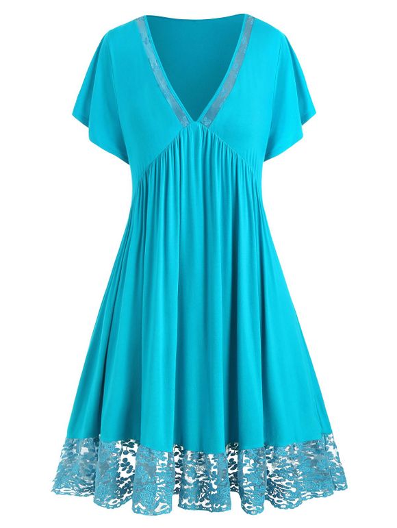 Plus Size Lace Insert Plunging Neck Solid Dress - TURQUOISE 2X