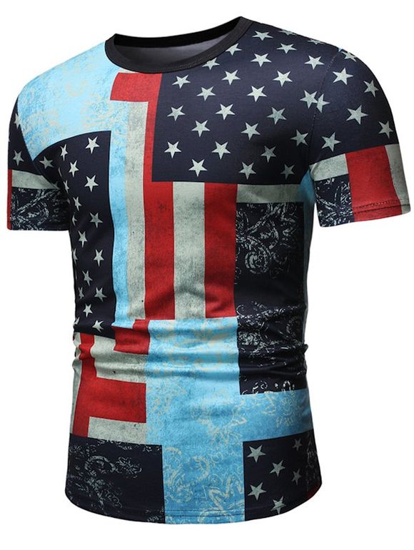 T-shirt Motif Drapeau Américain à Manches Courtes - Bleu Corail 3XL