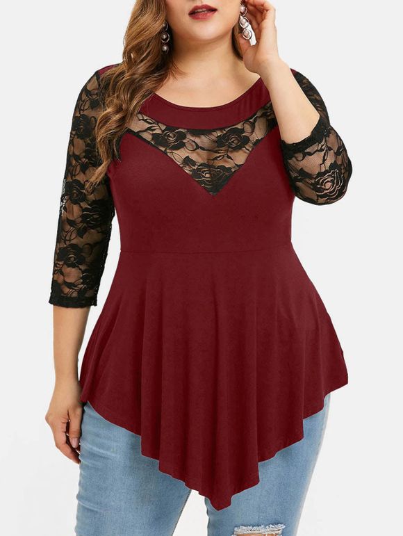 T-shirt Asymétrique Panneau en Dentelle de Grande Taille - Rouge Vineux 5X