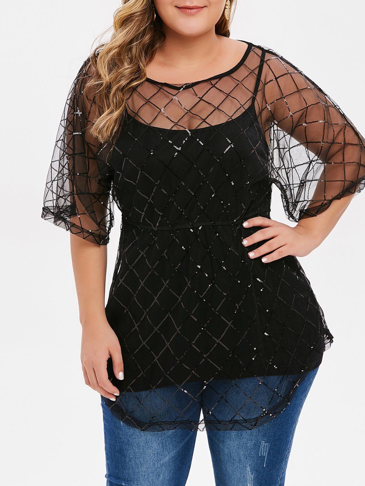 

Plus Size Sequin Mesh Overlay Blouse, Black