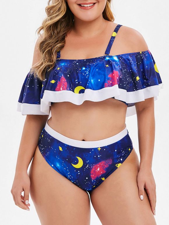 Ensemble de Bikini Superposé Planète Lune et Etoile Imprimés de Grande Taille - Bleu profond 1X
