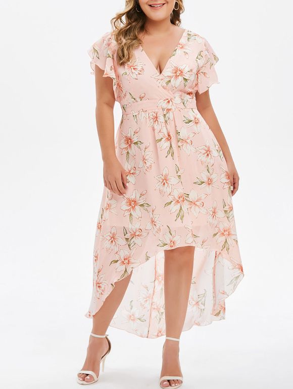 Plus Size High Low Maxi Floral Dress - PINK 3X