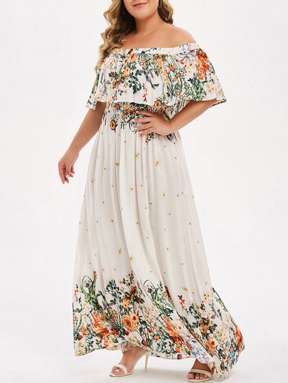 Maxi Robe Fleurie à Epaule Dénudée de Grande Taille à Volants - Blanc 5X
