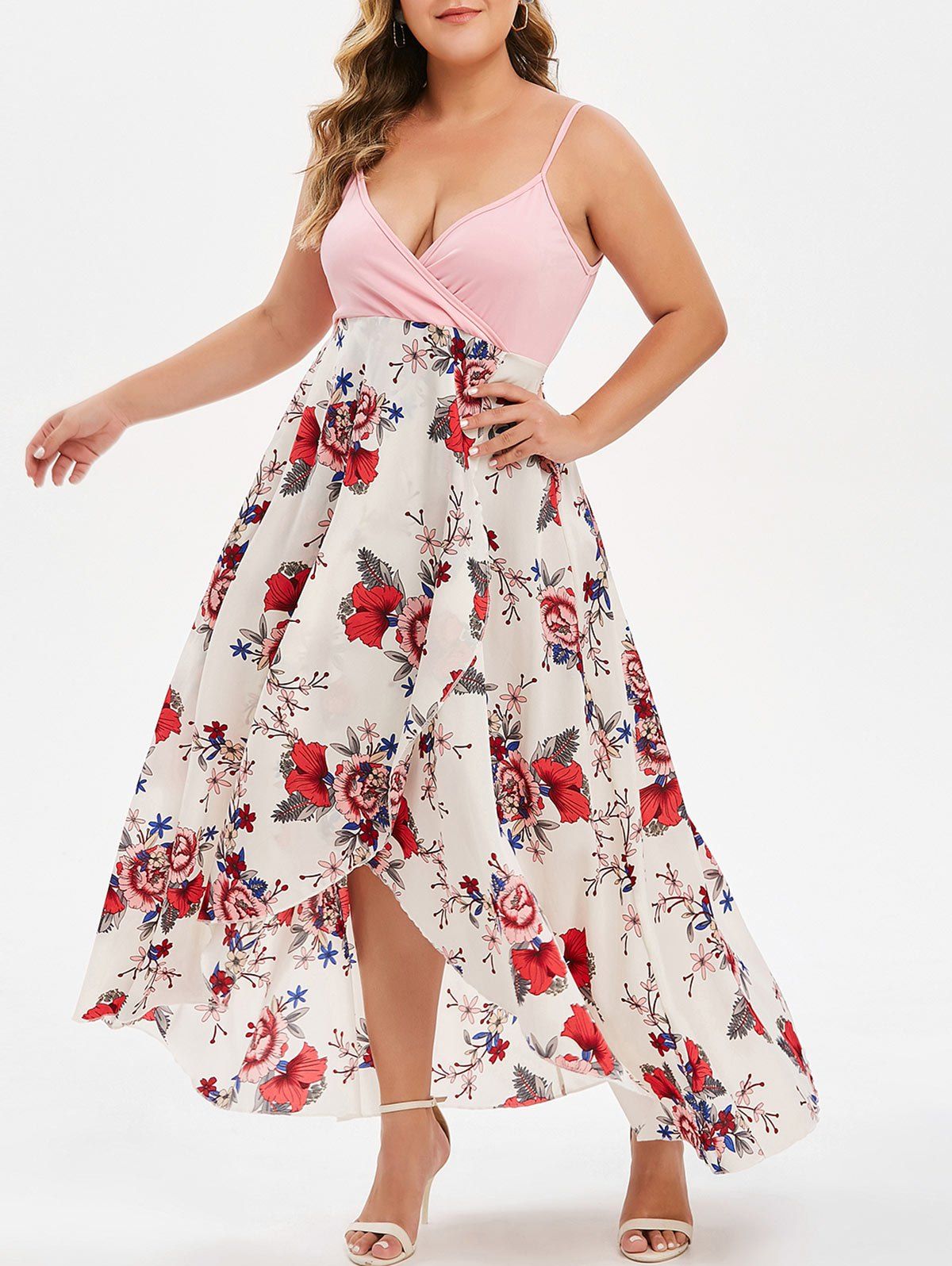 

Plus Size Floral Print Overlap Slip Dress, Pig pink