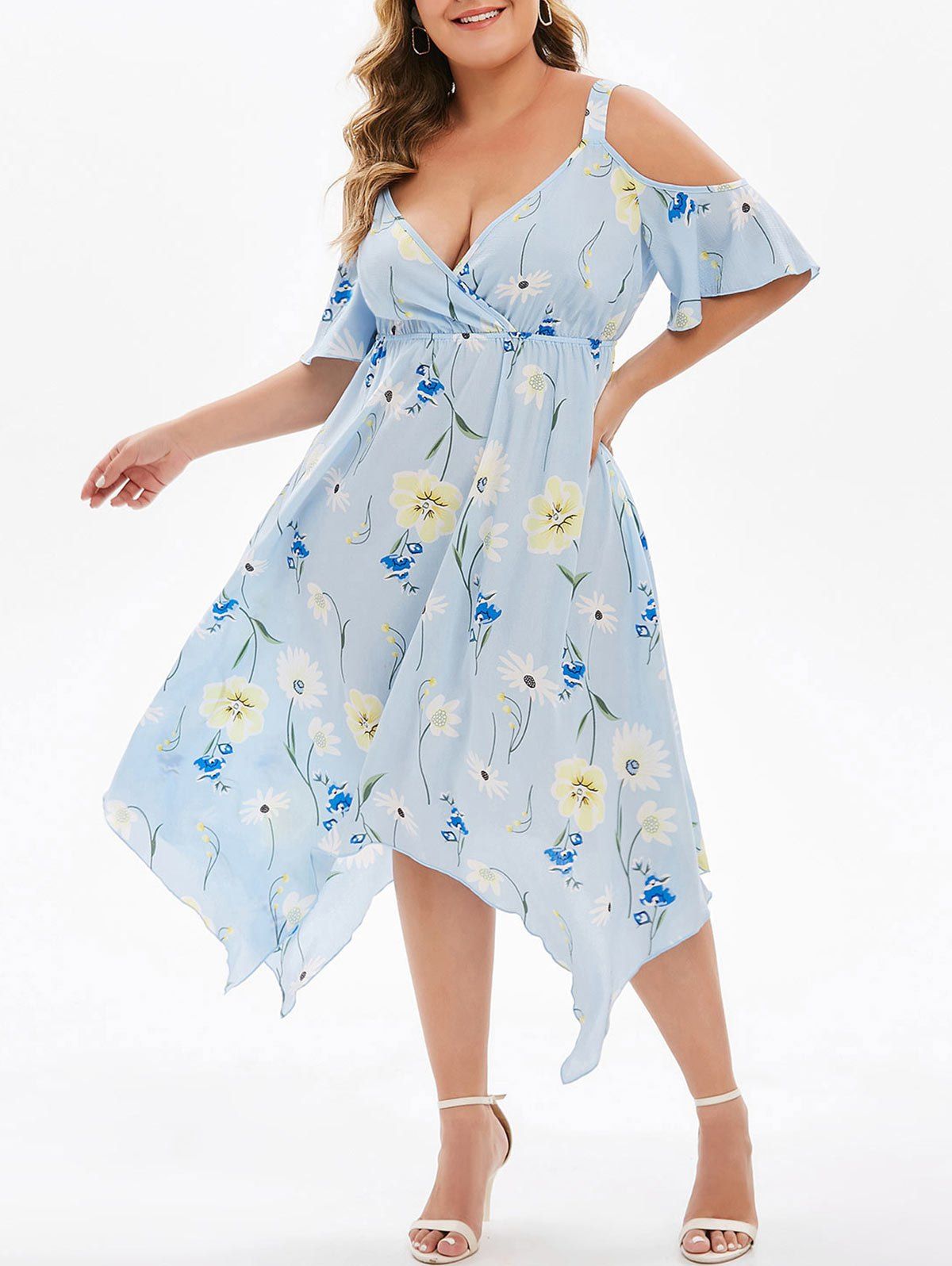 

Plus Size Open Shoulder Handkerchief Dress, Light sky blue
