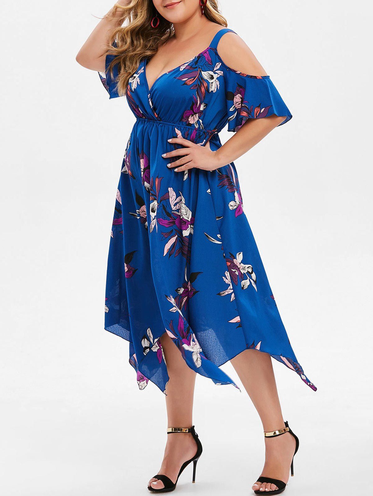 

Plus Size Open Shoulder Handkerchief Dress, Deep blue