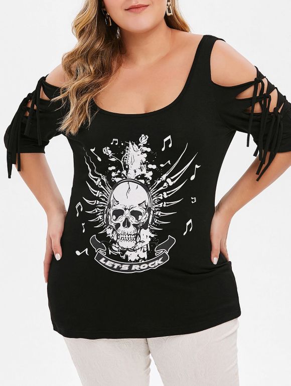 T-Shirt Style Déchiré à Épaules Dénudées avec Imprimé Crâne Grande-Taille - Noir 1X