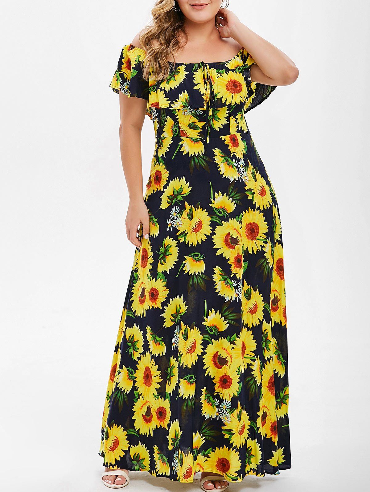  32 OFF 2021 Plus Size Sunflower Print Flounce Dress In DARK SLATE BLUE DressLily