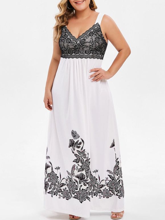 Robe Longue Panneau en Dentelle Imprimée Florale Grande Taille - Blanc L
