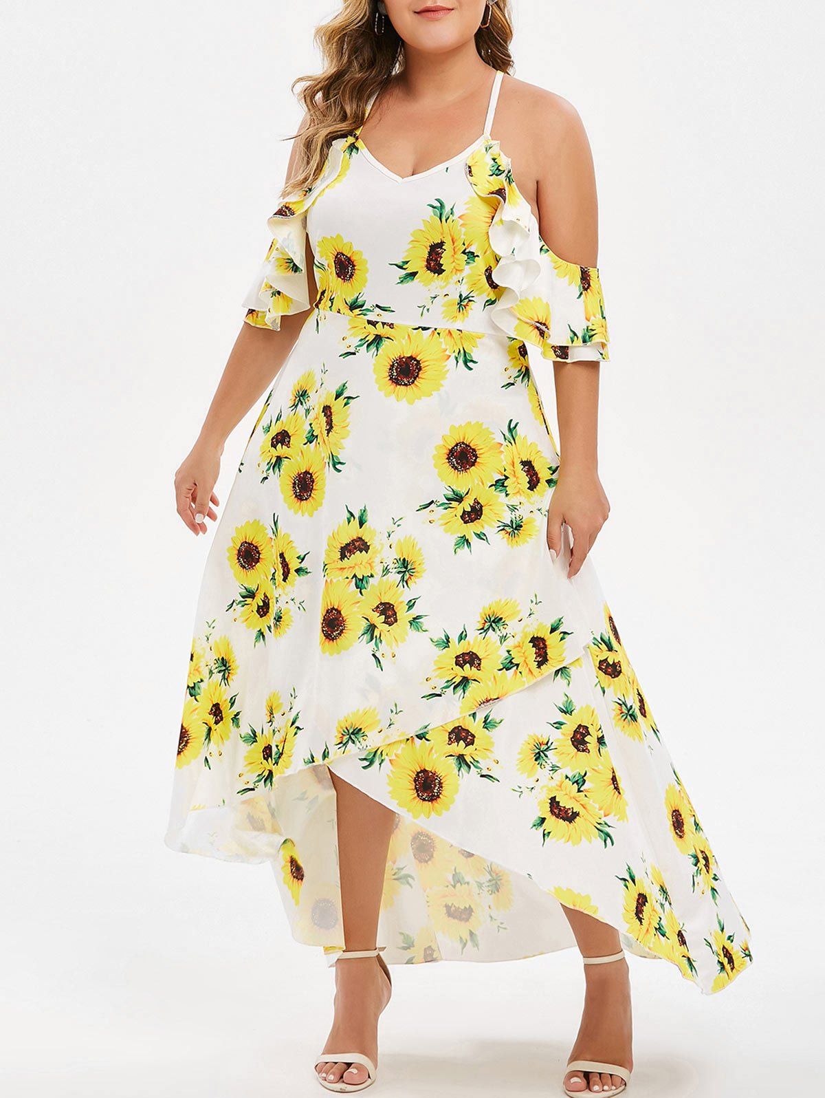 

Plus Size Floral Print Ruffle Trim Asymmetrical Dress, Yellow