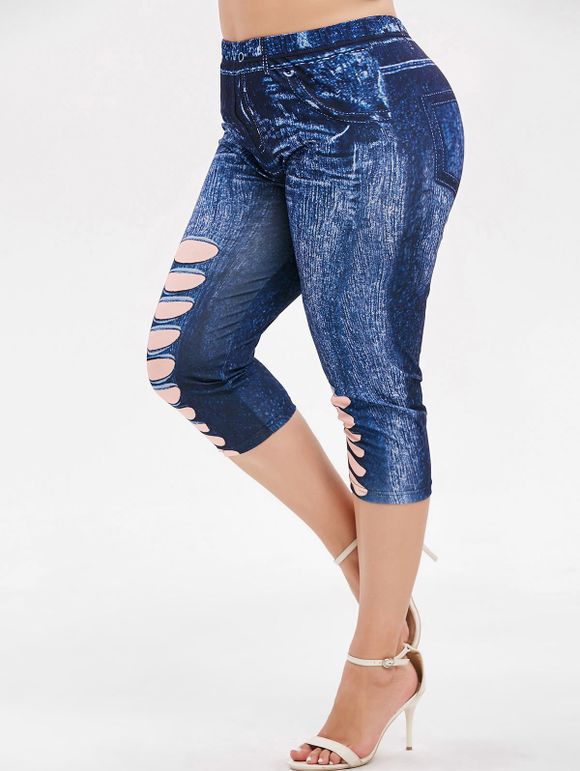 Legging Capri 3D Jean Imprimé de Grande Taille - Bleu Toile de Jean 3X