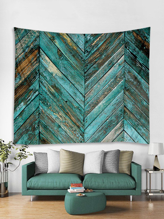 

Old Plank Wall Print Art Decoration Wall Tapestry, Greenish blue