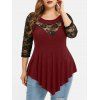 T-shirt Asymétrique Panneau en Dentelle de Grande Taille - Rouge Vineux 5X