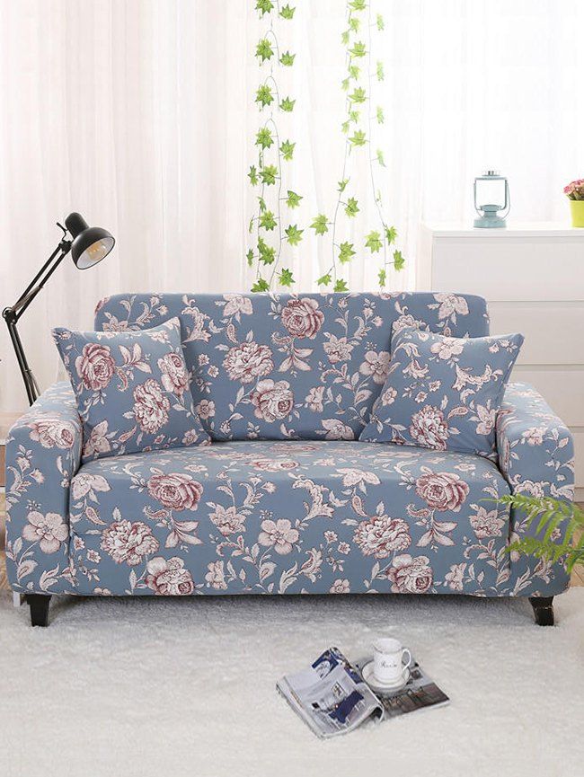2021 Vintage Flower Print Sofa Cover In, Blue Gray Sofa Cover