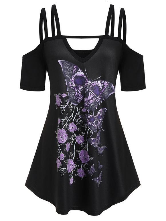Plus Size Cut Out Papillon T-shirt imprimé - Noir 5X