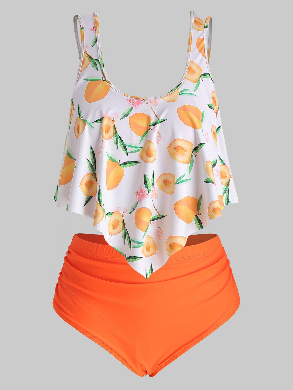 

Peach Print Strappy Contrast Plus Size Tankini Set, Orange