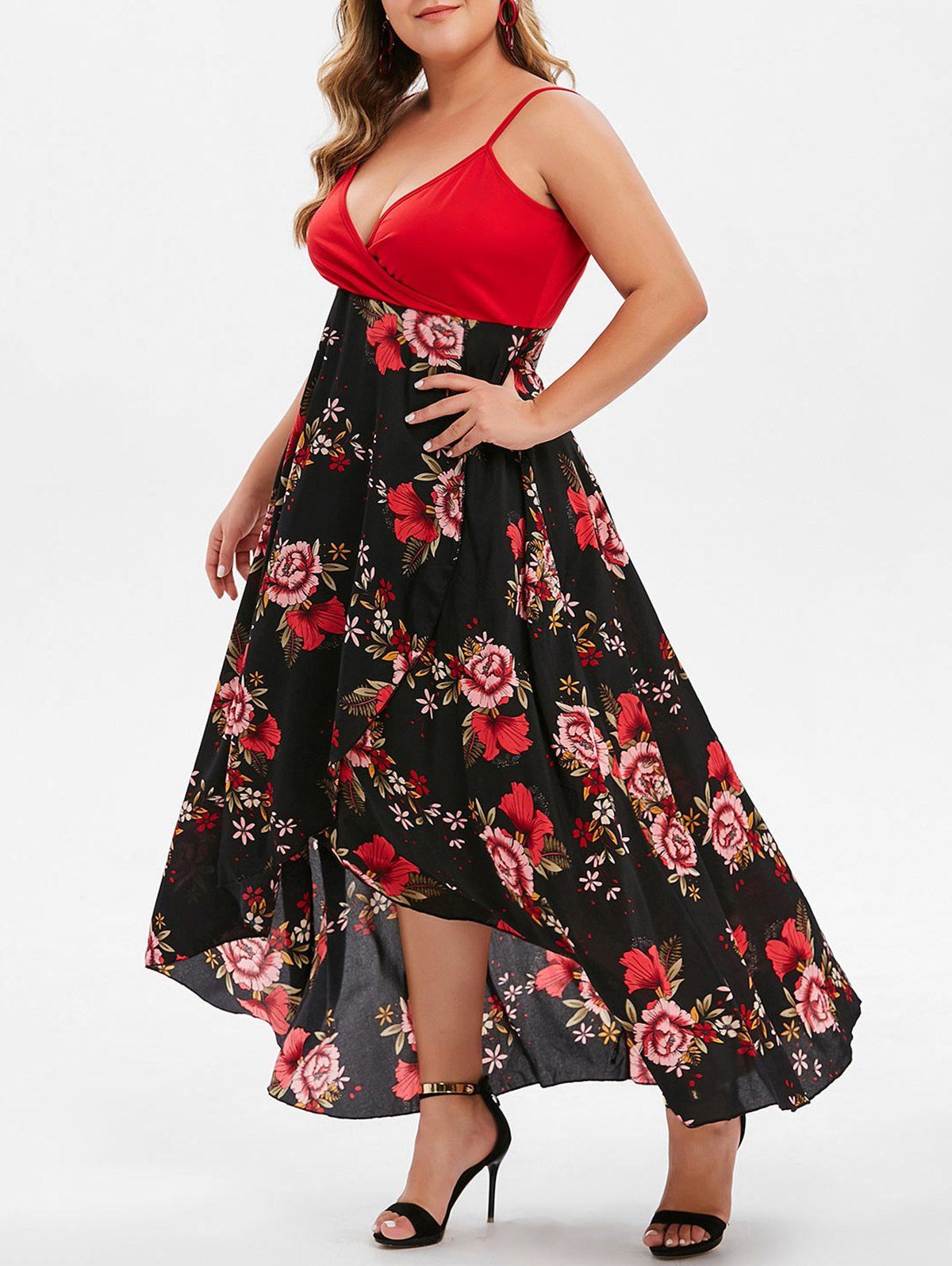 

Plus Size Floral Print Overlap Slip Dress, Black