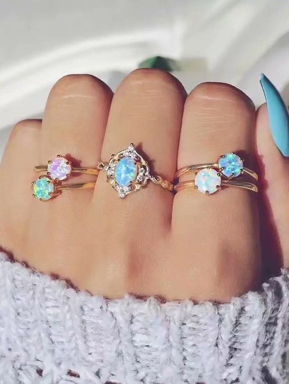 5Pcs Colored Faux Gemstone Rings Set - GOLD 