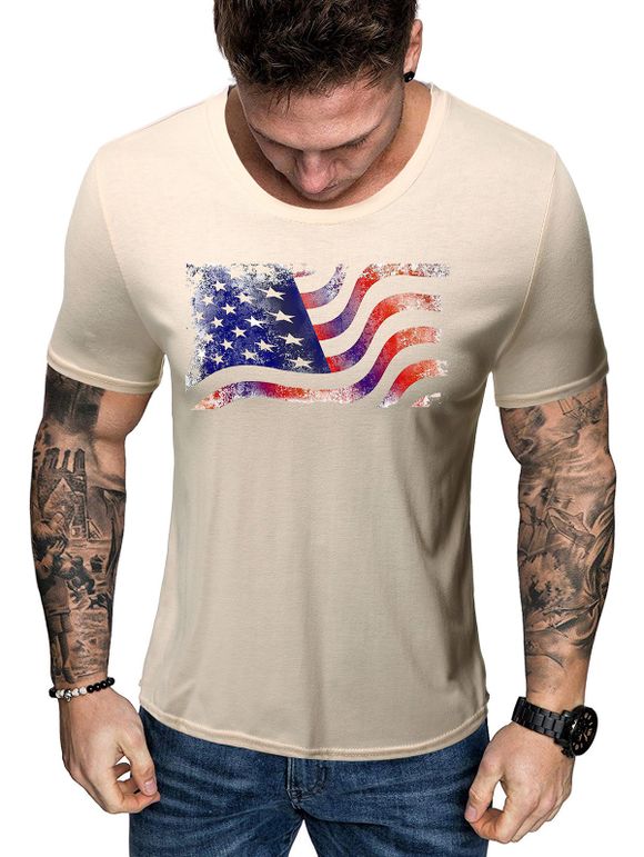 T-shirt Drapeau Américain Créatif à Manches Courtes - Kaki Léger S