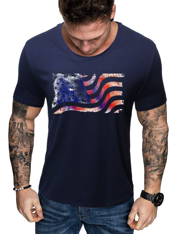 T-shirt Drapeau Américain Créatif à Manches Courtes - Bleu de Minuit 2XL
