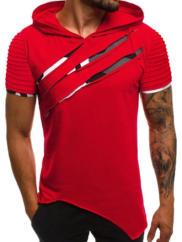 T-shirt à Capuche Gratté à Manches Plissées - Rouge 2XL