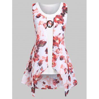 

Plus Size Asymmetrical Floral Print Overlay Tank Top, Pink
